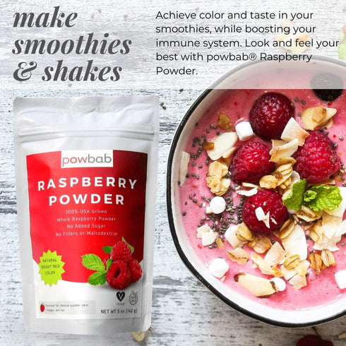100% (5 oz) powbab Raspberry Powder from USA Grown Organic Raspberries. No Added Sugar, Not Freeze Dried, No Juice