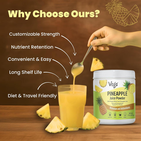 14 Oz Vegs Pineapple Juice Powder - Freeze Dried Organic Pineapple Powder with Bromelain & Antioxidants - Sugar-Free