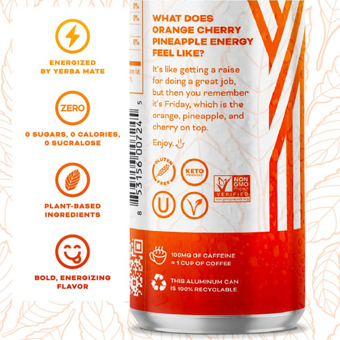 Pack 12, 12oz Yerba Energy Seltzer - Orange Cherry Pineapple No Sugar/Calories/Carbs. Energized by Yerba Mate