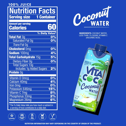11.1 Oz (Pack 12) Vita Coco Coconut Water, Pure Organic | Refreshing Coconut Taste | Natural Electrolytes | Vital