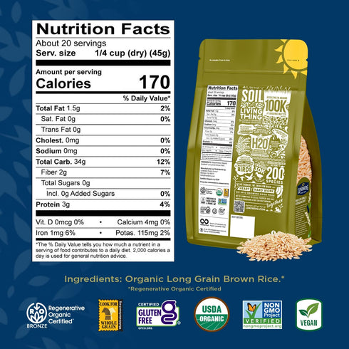 2-Pack 32 Oz Lundberg Brown Rice, Regenerative Organic Certified, Non-Sticky, Aromatic Long Grain Rice, Responsibly