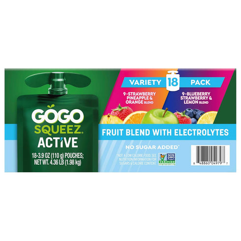 18-Count Pack GoGo squeeZ No Sugar Added Active Fruit Blend with Electrolytes| Variety | Blueberry Strawberry Lemon