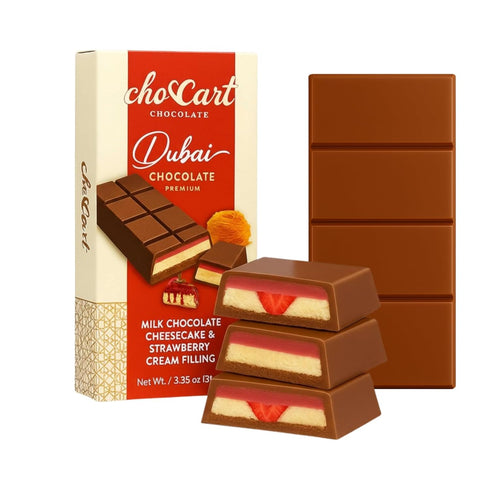 95g (3.35 oz) ChocCart Dubai Chocolate Premium Milk Chocolate Bar with Cheesecake & Strawberry Cream Filling, Gourmet