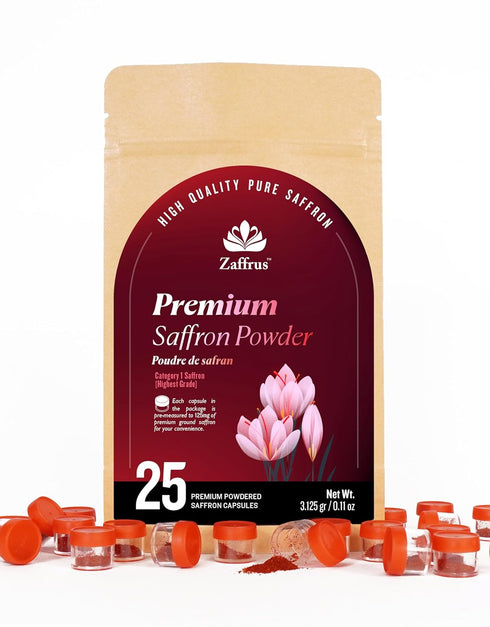Zaffrus Premium Saffron Powder for Cooking, Athletes, Specialty Drinks - Pack of 25 (3.125 gr/ .1102 oz)