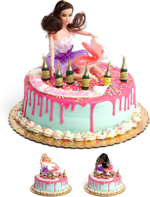Happy 21st Birthday Cake Topper Decorations with Mini Liquor Wine Bottle Candles, Jointed Doll & Toilet