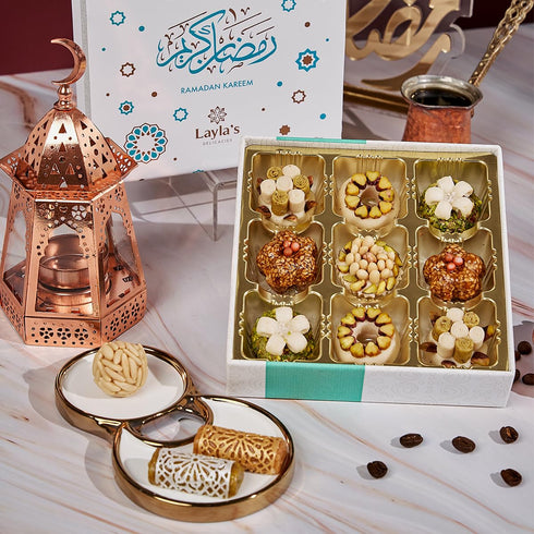 9 Laylas Delicacies Mediterranean Treats Gift Box for Ramadan Mubarak - Handmade Healthy Mixed Nutty Flavors Pastries