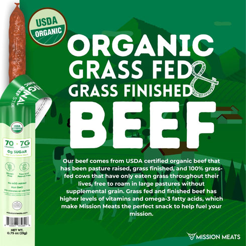 0.75oz (12ct) Mission Meats Organic Beef Sticks Grass Fed & Pasture-Raised, Zero Sugar, Non-GMO, Healthy Organic