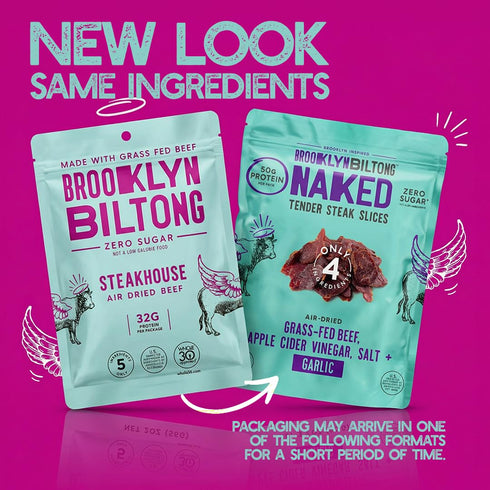 (2oz, Pack 2), 32g Pack, Brooklyn Biltong Steakhouse, Garlic Naked Tender Slices of Grass Fed Beef Protein Snacks