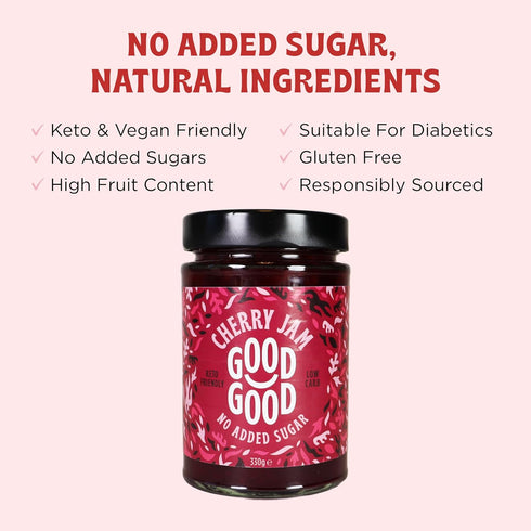12oz 330g (Pack 2) GOOD GOOD Cherry Jam - No Added Sugar - Low Calorie - Gluten Free and Vegan - Diabetic and Keto