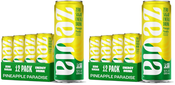 Zevia Zero Sugar Energy Drink,Pineapple Paradise,12 oz Cans Naturally Sweetened,Non-GMO Project Verified,Gluten-Free,Vegan,(Pack