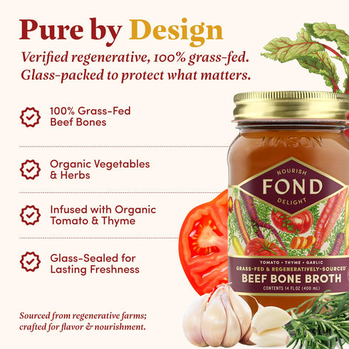 Slow-Simmered 14 oz (4-Pack) FOND Regenerative Grass Fed Beef Bone Broth Infused with Organic Tomato & Thyme Beef Broth