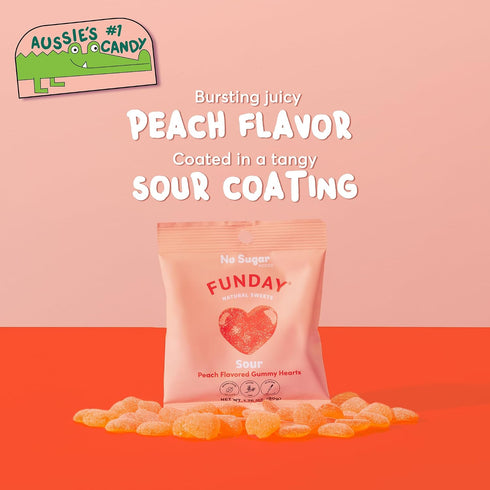 12 50g FUNDAY Sour Peach Hearts x Bags No Sugar Added Gluten-Free Sour Candy with Natural Flavors & Prebiotic Fiber