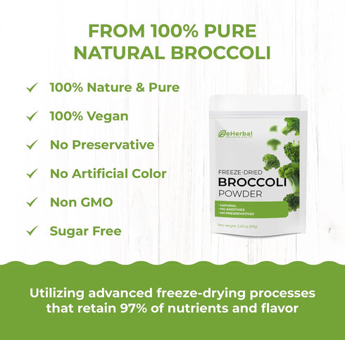 100% 2.43oz eHerbal Freeze-Dried Broccoli Powder Supergreen Food Non-GMO Rich in Nutrients Natural Herbal Flavoring