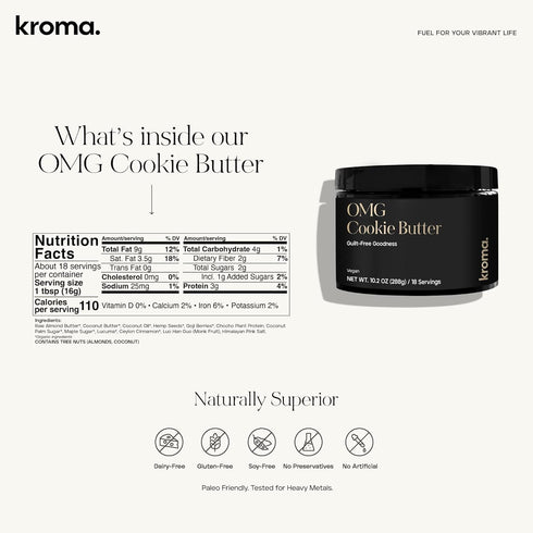 (10.2 Oz), KROMA. OMG Cookie Butter Gluten Free Vegan Snacks, Nut Butter Spread Made with Raw Almond Butter, Coconut
