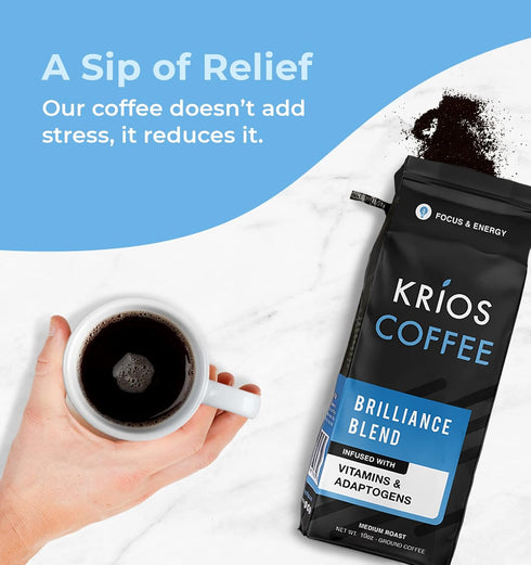 Krios Coffee Brilliance Ground Coffee, Medium Roast with Essential Vitamins, 10 oz Bag