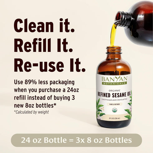 24 oz Banyan Botanicals Refined Sesame Oil Organic Sesame Oil for Skin, Body, Hair & More Multiple Sizes Non GMO