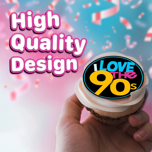 30 x Edible Cupcake Toppers, 90s Party Collection of Edible Cake Decorations, Uncut on Wafer Sheet