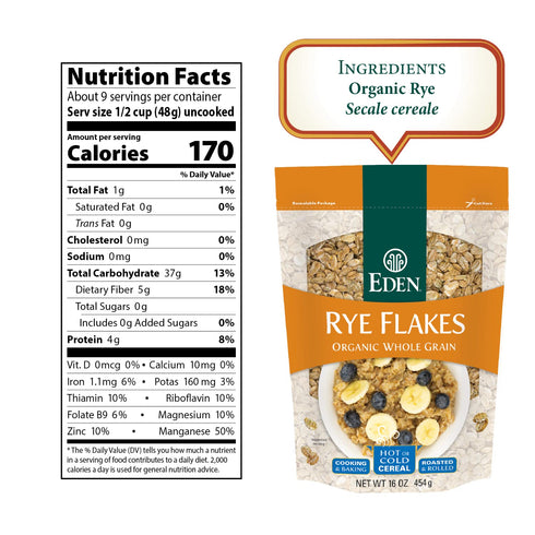 16 oz, 100% Eden Organic Rye Flakes, Toasted and Rolled, Whole Grain, Cereal, Hot or Cold