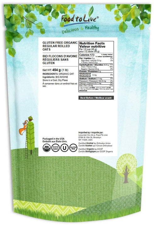 1 100% Food to Live Gluten Free Organic Regular Rolled Oats, Pound Non-GMO, Old-Fashioned, Whole Grain, Vegan, Bulk.