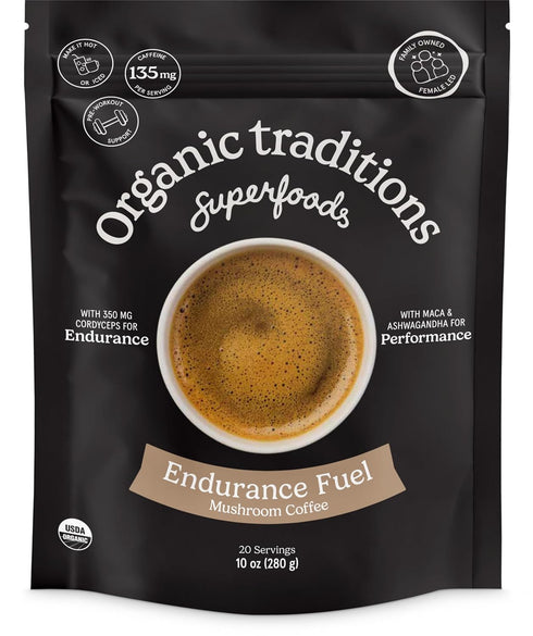 Organic Traditions Endurance Fuel Mushroom Coffee, Instant Coffee with Cordyceps, Ashwagandha and