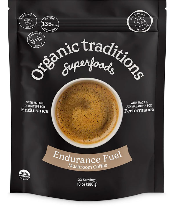Organic Traditions Endurance Fuel Mushroom Coffee, Instant Coffee with Cordyceps, Ashwagandha and