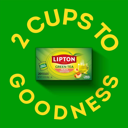 20 Lipton Peach Green Tea Bags, Flavored, Unsweetened Teabags for Hot Tea or Peach Iced Tea with Caffeine