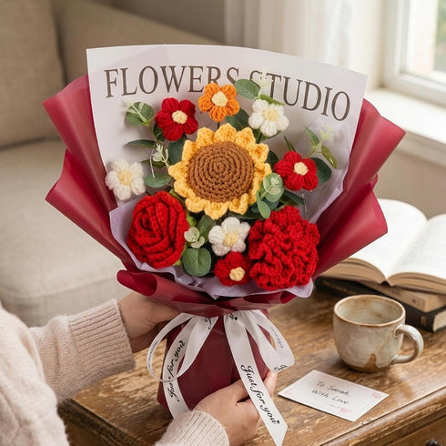 Ameble Long-Lasting Crochet Flower Bouquet Knitted Roses & Tulips Bouquet of Crochet Flowers for Birthday Mother
