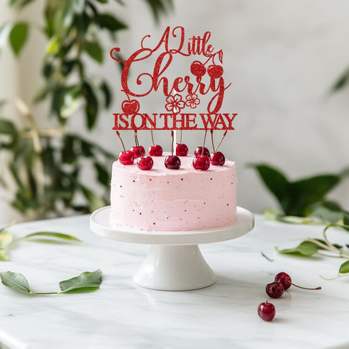 Sriburcio Summer Red Glitter A Litte Cherry is on the Way Cake Topper, Cherry Sweet Baby/Cherry Oh Baby, Funny Cherry