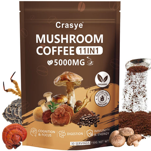 Organic Mushroom Coffee 11 Superfood Instant Mushrooms Coffee with Ashwagandha, Shilajit, Lion's