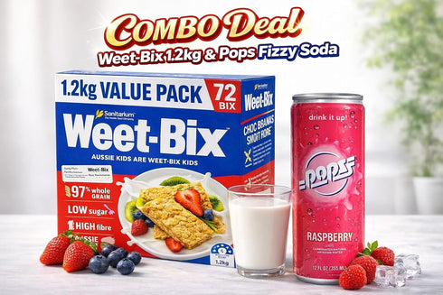 Sanitarium Weet-Bix 97% (1.2 PACK 72 12 Oz Weet-Bix Whole Grain Cereal Biscuits & Fizzy Raspberry Soda Pops Kg VALUE
