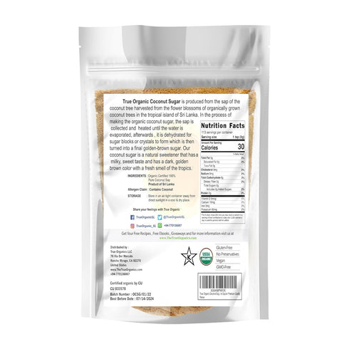 2 True Organic Coconut Sugar Pounds Certified Organic, USDA & Kosher Certified, Pure Ceylon Premium Quality