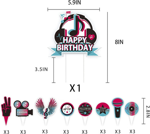 25Pcs Tik Happy Birthday Cake Toppers - Musical Tik Cupcake Toppers for Girl's Karaoke Themed Party Supplies, Music
