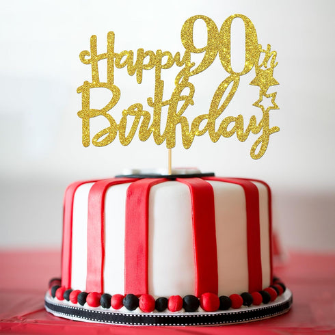 Gold Glitter Happy 90th Birthday Cake Topper, Cheers to 90 Years Party Supplies Decoration