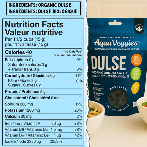 2oz(Pack 1) B12, Aqua Veggies Organic Whole Leaf Dulse of Atlantic Seaweed, Sun-Dried & Hand-Harvested Rich in Iodine
