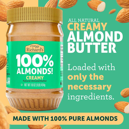 100% (16 Pack 1) Crazy Richard's All-Natural Creamy Dry Roasted Almond Butter with No Added Sugar and Non-GMO Ounce