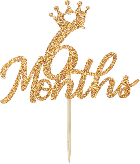 Gold Glittery 6 Months Cake Topper for Baby's Half Year Old Birthday Party, 1/2 Birthday, Baby Shower Decorations