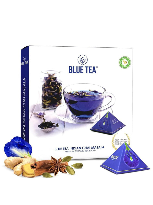 BLUE TEA Indian Chai Masala - 12 Count Pyramid Plant Based Tea Bag | Butterfly Pea Flower & Indian Spices | Caffeine