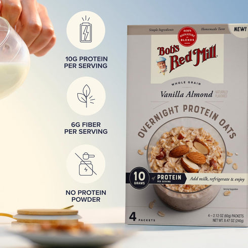 16 Packets (4 Boxes/4 Packets Bob's Red Mill Overnight Protein Oat, Vanilla Almond, Total per Box), Non-GMO, Gluten