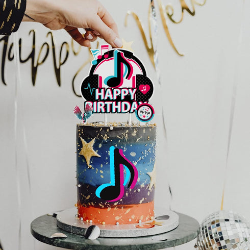25Pcs Tik Happy Birthday Cake Toppers - Musical Tik Cupcake Toppers for Girl's Karaoke Themed Party Supplies, Music