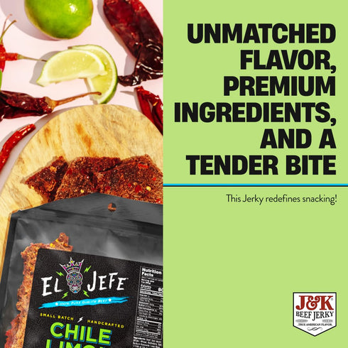 7oz (Pack 2) El Jefe Beef Jerky Chile Limon - Authentic Mexican Style Hispanic Slab Jerky Hand-Crafted in Small Batches