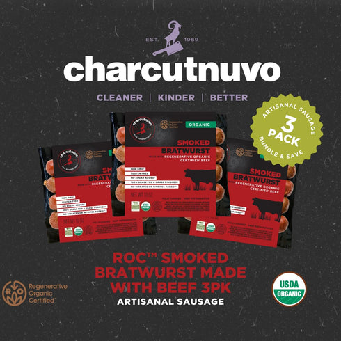 10 oz, 3-Pack Charcutnuvo Organic Smoked Bratwurst - Cooked and Smoked Sausage