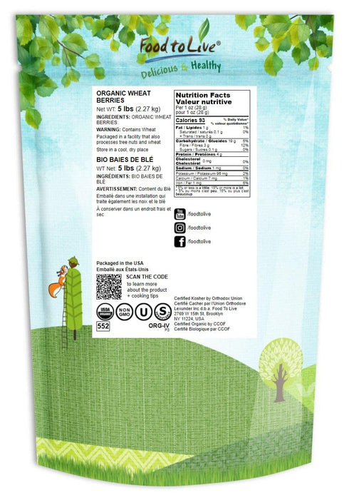5 Food to Live - Organic Hard Red Wheat Berries, Pounds Non-GMO, Kosher, Raw, Sproutable, Vegan, Sodium and Sugar Free