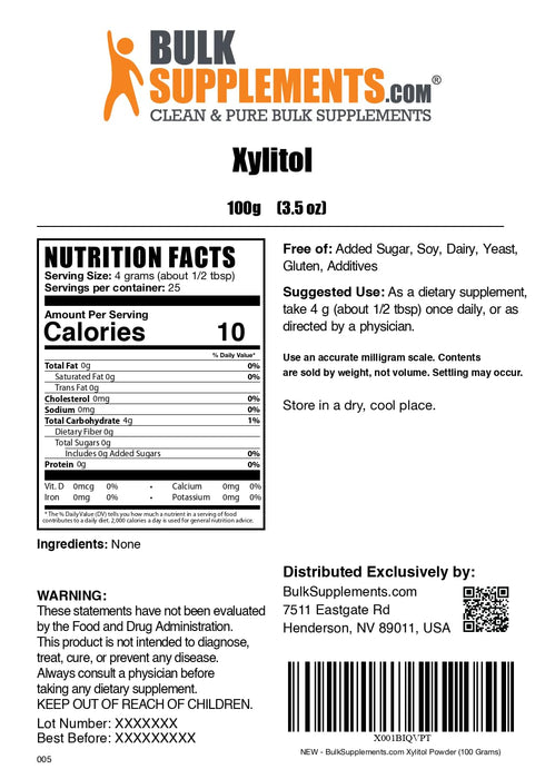 BulkSupplements.com Xylitol Powder, Low Calorie Sugar Substitute for Baking & Cooking, 100g (3.5 oz)