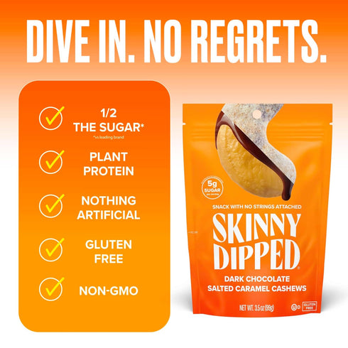 3.5oz Pack 5 SkinnyDipped Salted Caramel Cashews, Healthy Snack, Plant Protein, Gluten Free, Resealable Bags