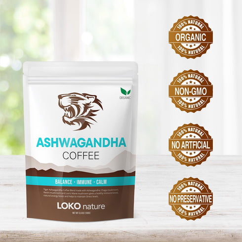 Tiger Ashwagandha Mushroom Instant Coffee with Arabica by LOKO nature | 30 servings