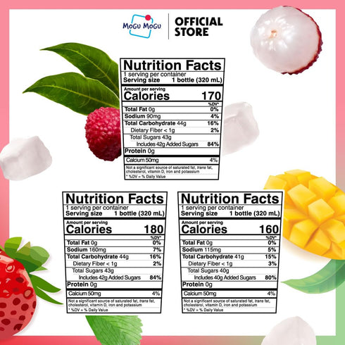 Pack 6 Pack 10.82 oz Mogu Mogu Variety Juice Drink with Nata de Coco (Coconut Jelly) Lychee, Strawberry & Mango, Chewy