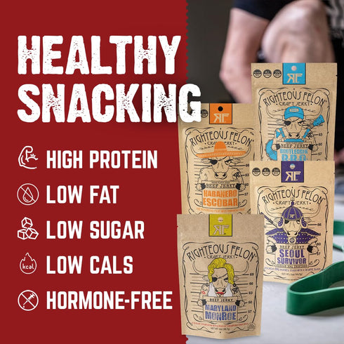 Righteous Felon Beef Jerky Variety Pack, Gluten Free Snack Packs for Adults, High Protein, Keto, Low Sugar, 4 Pack