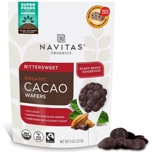 Navitas Organics Organic Bittersweet Cacao Wafers, 8oz Organic, Fairtrade, Non-GMO, Gluten-Free