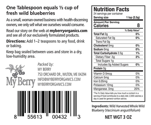 3oz 100% Wild Blueberry Powder, Unsweetened by My Berry | Whole Berry With No Added Sugar or Fillers | Low-Heat Dried |