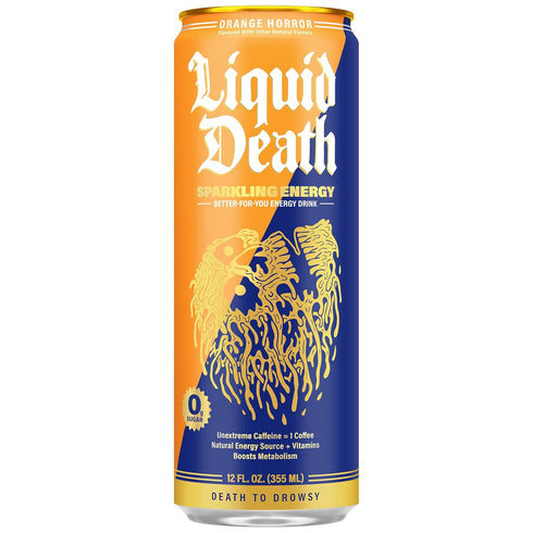 100mg, 12 Oz (Pack 12) Liquid Death Sparkling Energy - Orange Horror (Orange and Cream), Zero Sugar Energy Drink
